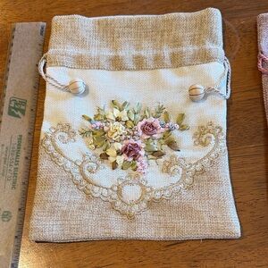 Floral Embroidered Drawstring Pouches- Cream and Rose